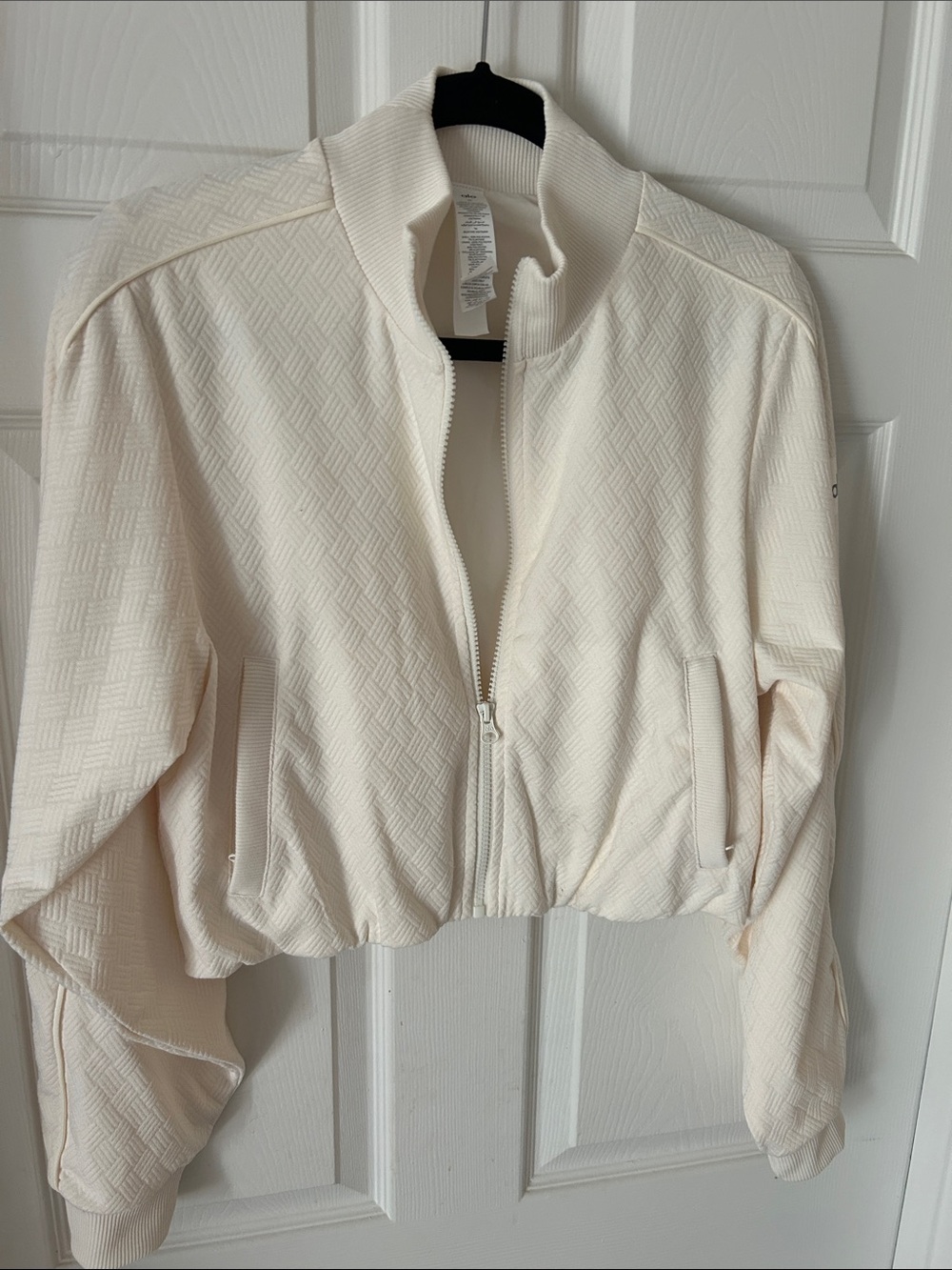 ALO Yoga Cream Textured Cropped Bomber Jacket